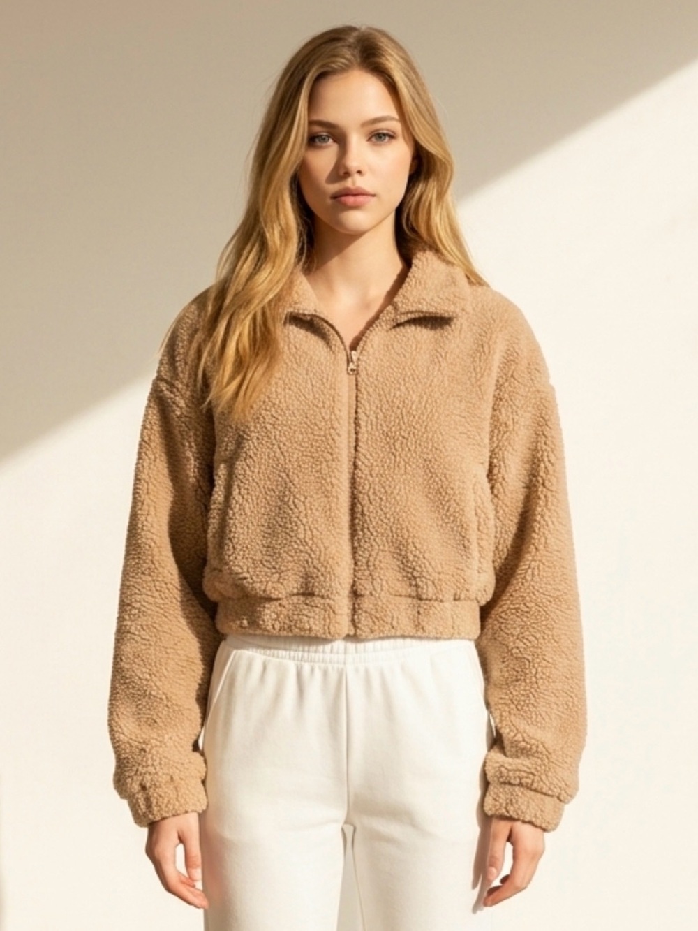 Urban Heritage Cropped Teddy Jacket in Camel Brown